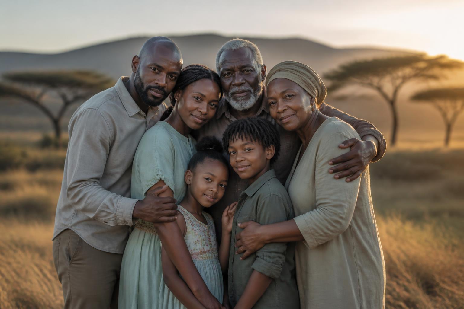 A South African family standing together at golden hour